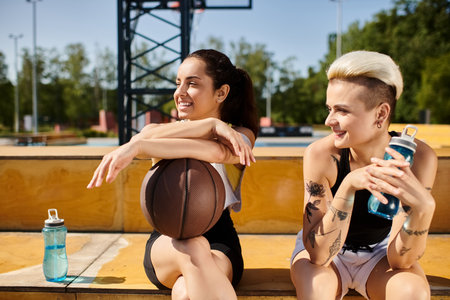 Two young women with a basketball sitting on a bench, engaged in a friendly game of outdoor basketball.の写真素材
