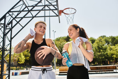 Two young women, friends, playing basketball outdoors on a sunny summer day, showcasing their...