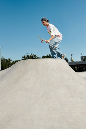 A young skater boy confidently rides his skateboard down the steep side of a ramp in an outdoor...