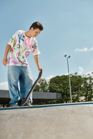 A young skater boy fearlessly rides his skateboard up the side of a ramp in a skate park on a sunny summer day.の写真素材