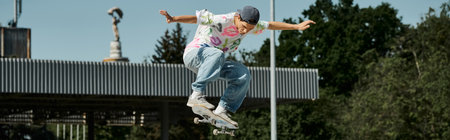 A young skater boy defies gravity as he flies through the air while riding a skateboard at a skate...