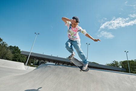 A young man confidently skateboards down the side of a ramp in a sunny outdoor skate park, showing...