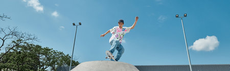 A young skater boy daringly rides his skateboard on top of a cement ramp at a skate park outdoors on...