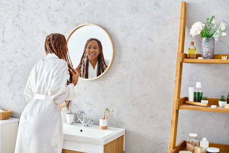 An African American woman with afro braids stands in her modern bathroom, admiring her reflection in the mirror.の写真素材