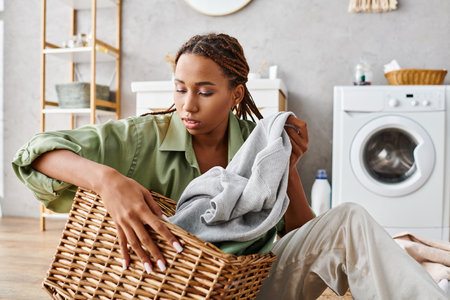 An African American woman with afro braids organizes laundry in a bathroom, sitting on the floor with a laundry basket.の写真素材