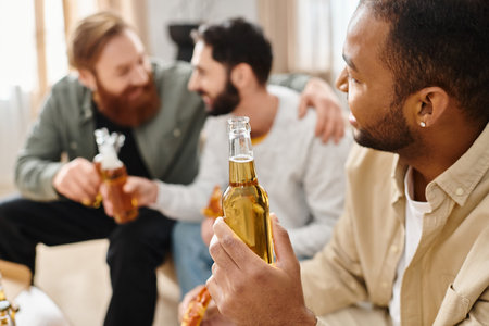 Three cheerful, interracial men in casual attire sitting around a table, bonding over beers and...
