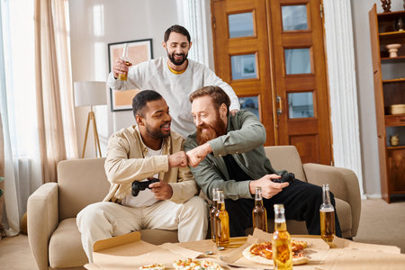 Three handsome, interracial men in casual attire cheerfully sit around a table with beer, sharing...