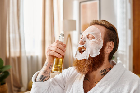 A man in a facial mask holds a bottle of alcohol, embodying relaxation and self-care while enjoying a moment of indulgence.の写真素材