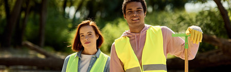 A socially active diverse loving couple wearing safety vests and gloves, cleaning a park together.