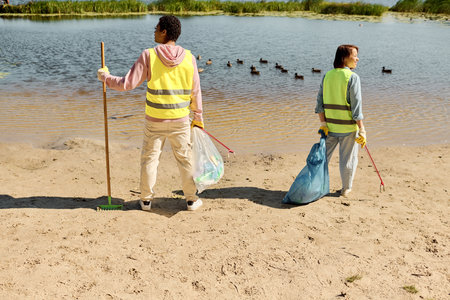 A socially active diverse couple, wearing safety vests and gloves, stand in the sandy beach area.の写真素材