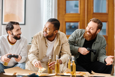 Three cheerful, interracial men in casual attire enjoying a gaming session around a table at home.