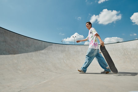A young man enjoys a leisurely walk with a skateboard in hand at a bustling skate park on a sunny...
