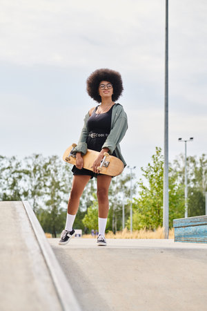 A young African American woman with curly hair confidently stands on a skateboard on a ramp in a skate park.の写真素材