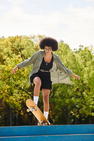 A young African American woman with curly hair skillfully skateboarding on top of a blue ramp in an outdoor skate park.の写真素材