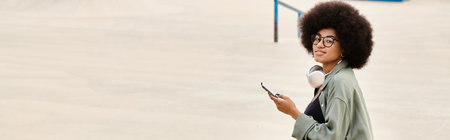 A stylish woman with an afro hairdo using a cell phone. The urban scene captures her essence as she...