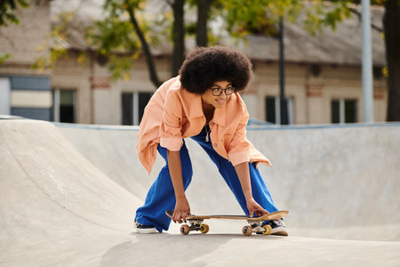Young African American woman with curly hair gracefully skateboarding at a vibrant outdoor skate park.の写真素材