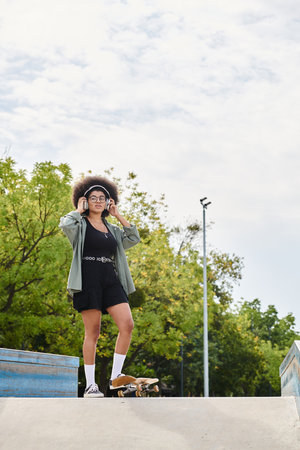 A young African American woman with curly hair confidently stands on top of a skateboard ramp in a...