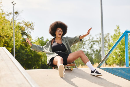 A young African American woman with curly hair rides a skateboard up the side of a ramp at an outdoor skate park.の写真素材
