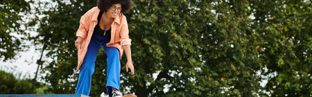 An African American woman with curly hair skillfully skateboarding on top of a ramp at an outdoor...