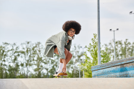 A young African American woman with curly hair confidently rides a skateboard down the ramp in a vibrant skatepark.の写真素材