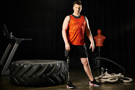 A man with a prosthetic leg in an orange shirt is standing next to a tire.