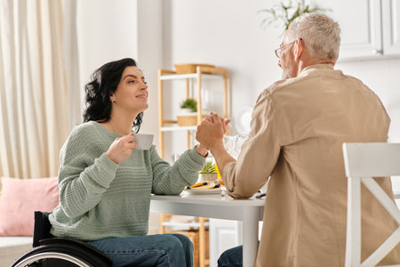 In a cozy kitchen at home, a woman in a wheelchair holding hands with husbandの写真素材