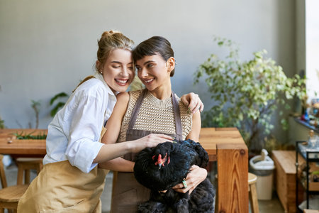 Two women, a loving lesbian couple, stand in an art studio, holding hen.の写真素材