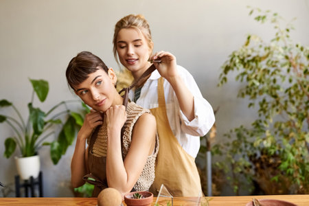 Two women stand by table at art studio.