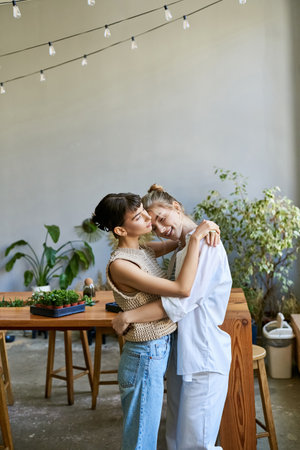 Two women share a loving embrace.の写真素材