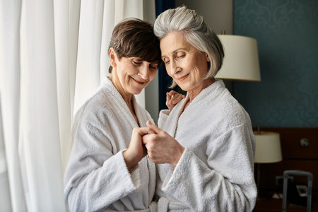 A loving senior lesbian couple wearing robes, together.の写真素材