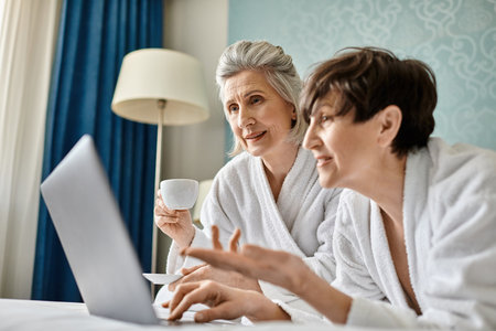 A loving senior lesbian couple sits tenderly on a bed, sharing a moment of connection.の写真素材