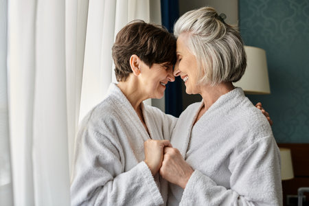Tender senior lesbian couple standing together in a hotel.の写真素材