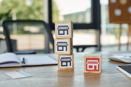 A set of wooden blocks is arranged neatly on a wooden table in a peaceful and organized manner.の写真素材