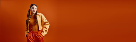 A stylish young woman in her 20s stands confidently in front of a bold orange wall, exuding beauty...