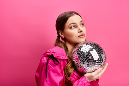A stylish young woman in her 20s wearing a pink jacket, holding a sparkling disco ball in a studio...
