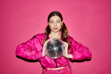 Stylish young woman in her 20s, wearing a pink jacket, holding a disco ball, against a vibrant pink...