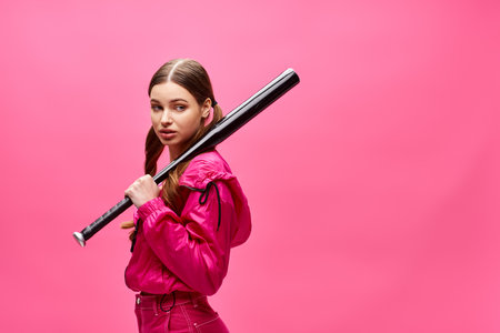 A stylish young woman in her 20s swings a baseball bat while wearing a pink jacket in a studio with a pink background.の写真素材