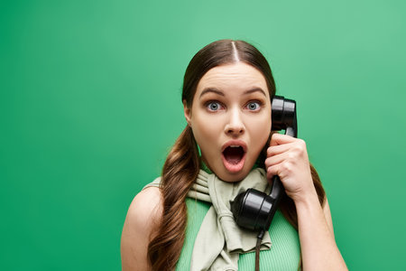 A young woman in her 20s holds a phone to her face, lost in conversation, while bathed in a green studio light.の写真素材