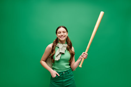 A young woman in her 20s confidently holds a baseball bat against a striking green background.