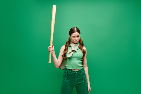A young woman in her 20s confidently holds a baseball bat against a vibrant green background.
