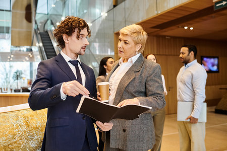 An interracial man and woman in suits engaged in discussion.
