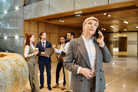 A woman confidently addresses an interracial business group using her cell phone.