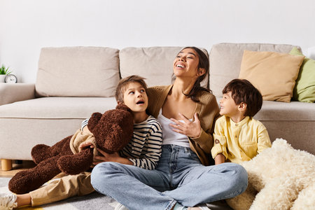 A young Asian mother sitting on the floor with her two children and a teddy bear, creating a cozy...
