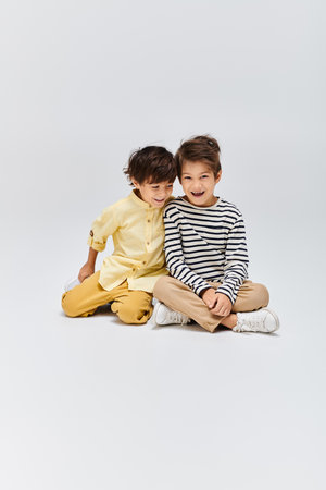 Two children in a studio setting, sitting on the ground with their arms lovingly around each other.の写真素材