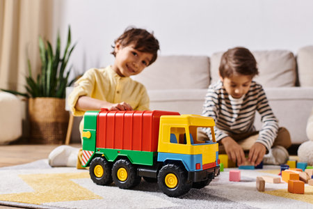 Two young boys, joyfully play on the floor with a toy truck in their living room.の写真素材