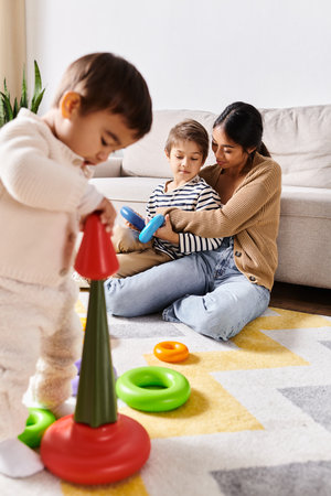 Young Asian mother joyfully engages with her two little sons in playing and exploring with toys in the cozy living room.の写真素材