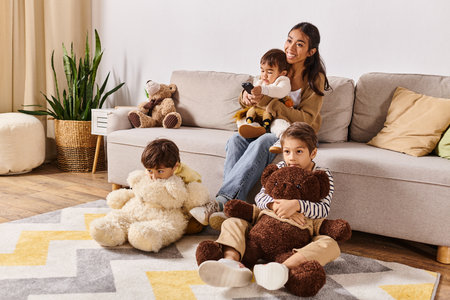 A young Asian mother sits on a couch with her little sons in their cozy living room, sharing a moment of togetherness.の写真素材