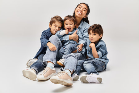 A young Asian mother sitting on the ground with her three little sons, all wearing denim clothes,...