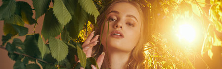 A young mavka, in ornate traditional attire, stands next to a tree with her eyes closed in a serene moment.の写真素材