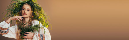 A young mavka in a traditional outfit adorned with an ornate wreath, set in a magical fairy and fantasy studio.の写真素材